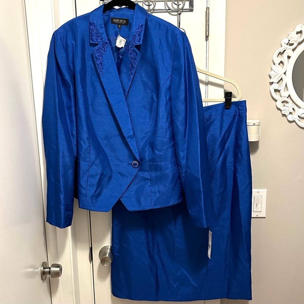 John Meyer Cobalt Blue Skirt Power Suit 16 NEW 2pc Set Blazer Skirt Embellished